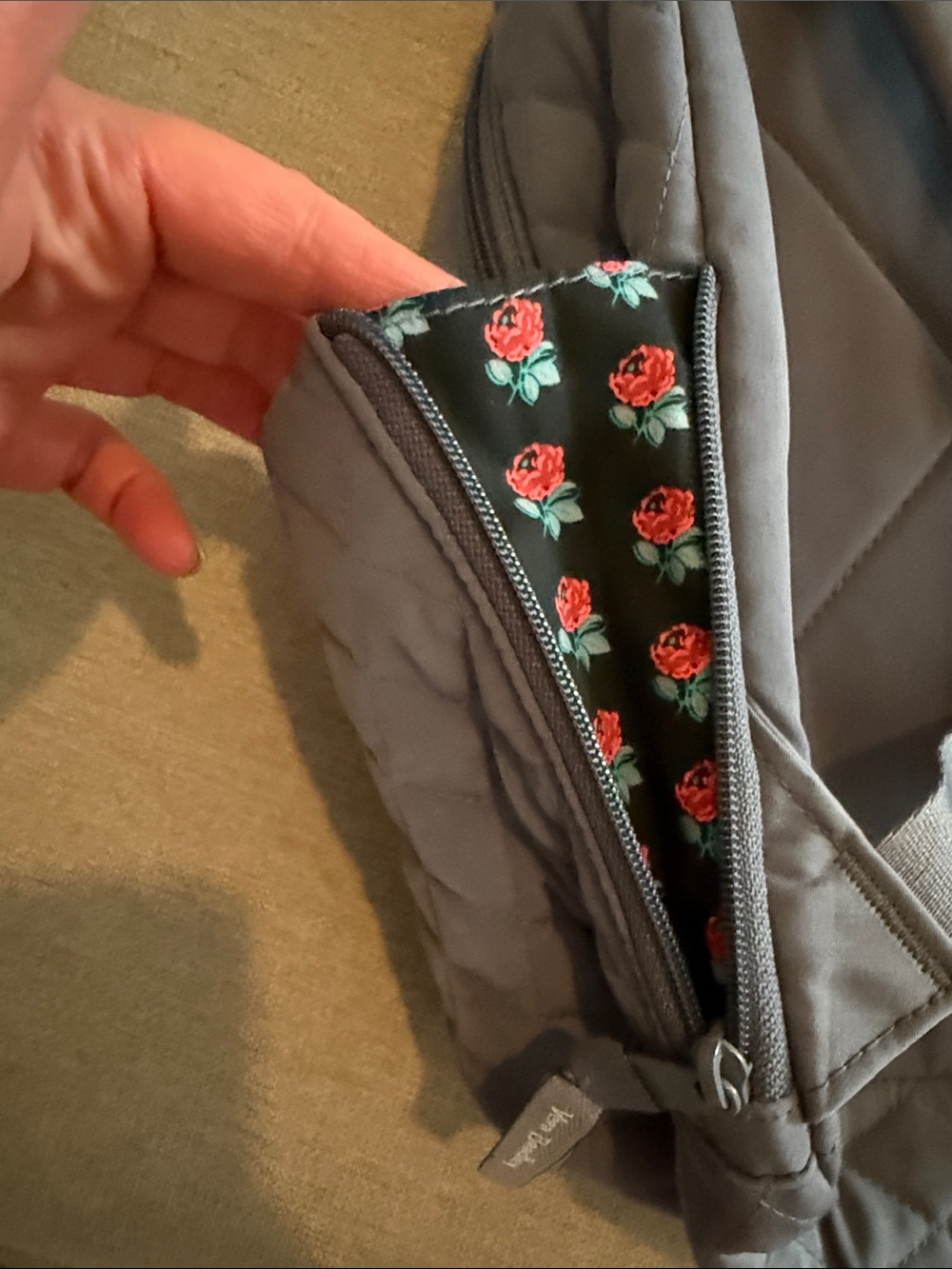 Vera Bradley Quilted Gray Backpack with Front Zip Pocket - Picture 3 of 7